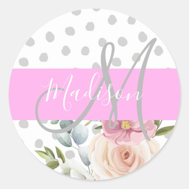 Chic & Girly Floral White Pink Grey Monogram Name Classic Round Sticker (Front)