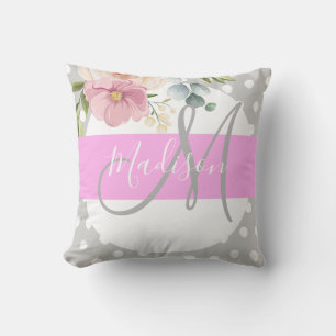 Chic & Girly Floral White Pink Grey Monogram Name Cushion