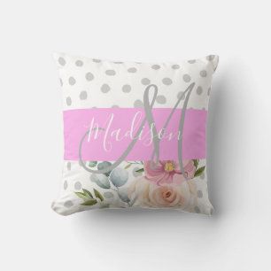 Chic & Girly Floral White Pink Grey Monogram Name Cushion