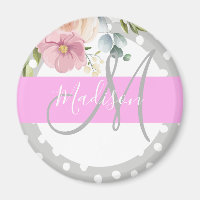 Chic & Girly Floral White Pink Grey Monogram Name