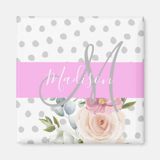 Chic & Girly Floral White Pink Grey Monogram Name Magnet (Front)