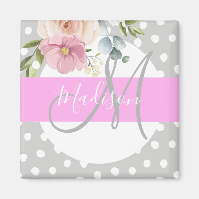 Chic & Girly Floral White Pink Grey Monogram Name Magnet (Front)