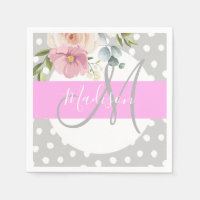 Chic & Girly Floral White Pink Grey Monogram Name