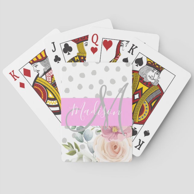 Chic & Girly Floral White Pink Grey Monogram Name Playing Cards (Back)