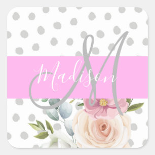 Chic & Girly Floral White Pink Grey Monogram Name Square Sticker