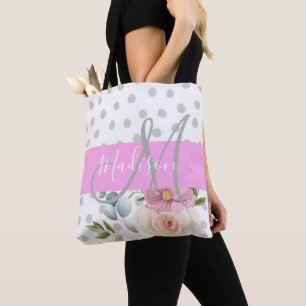 Chic & Girly Floral White Pink Grey Monogram Name Tote Bag