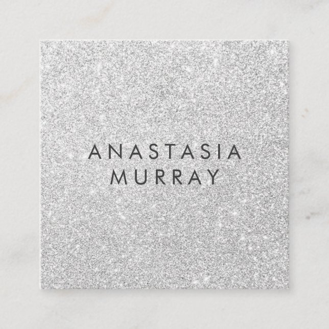 Chic, Girly & Glam Grey Silver Glitter Sparkles Square Business Card (Front)