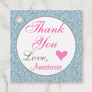 Chic Girly Glam Pink Light Blue Glitter Thank You Favour Tags