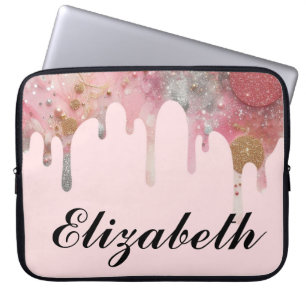 Chic girly glitter drips name pink silver gold  laptop sleeve