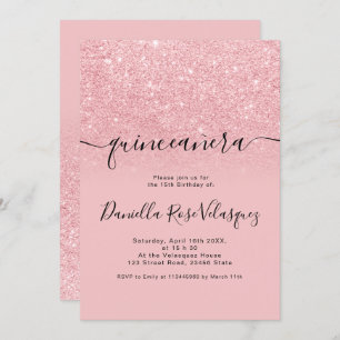 Chic girly glitter sparkles pink ombre quinceanera invitation