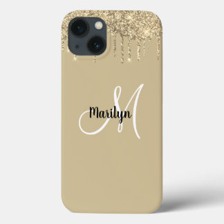 Chic Girly Gold Glitter Drips Monogram Name Design iPhone 13 Case