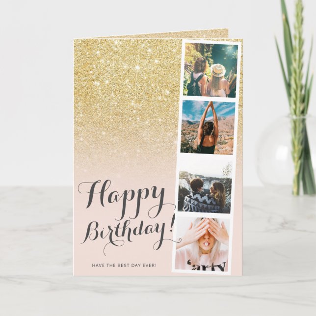 Chic girly gold glitter ombre photo booth birthday card (Front)
