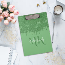 Chic Girly Green Glitter Drips Monogram With Name