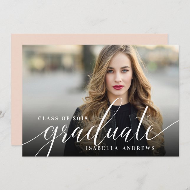 Chic Girly Hand Lettered Script Photo Graduation Invitation (Front/Back)