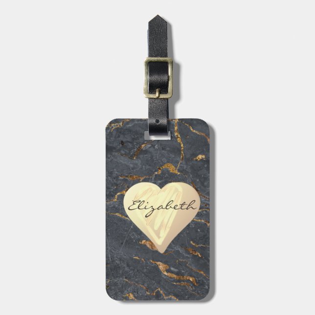 Chic Girly  Hearts,Grey Gold Marble Luggage Tag (Front Vertical)