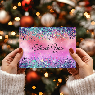 Chic girly iridescent unicorn glitter monogram thank you card