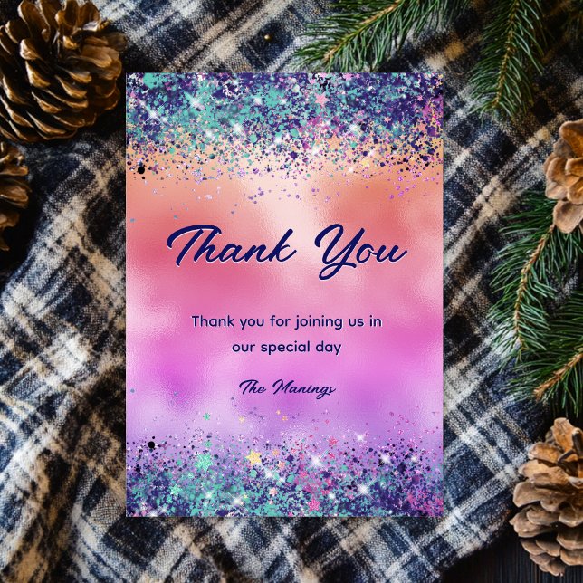 Chic girly iridescent unicorn glitter thank you card (Creator Uploaded)