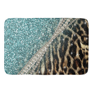 Chic Girly Leopard Print Blue Glitter Bath Mat