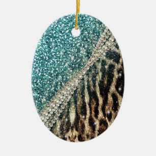 Chic Girly Leopard Print Blue Glitter Ceramic Tree Decoration