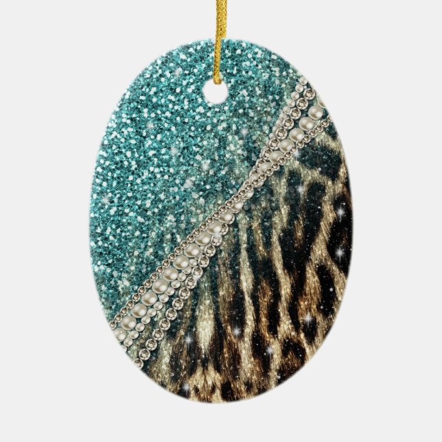 Chic Girly Leopard Print Blue Glitter Ceramic Tree Decoration (Front)