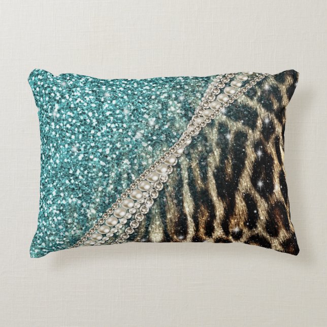 Chic Girly Leopard Print Blue Glitter Decorative Cushion (Front)