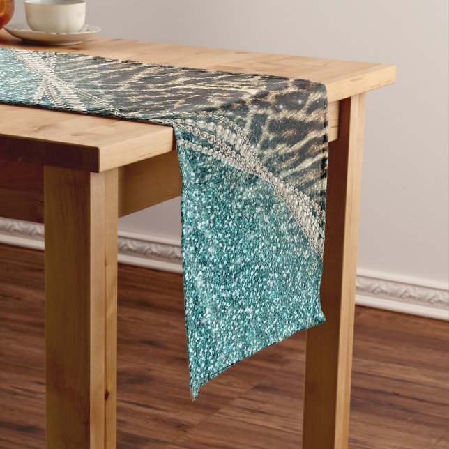 Chic Girly Leopard Print Blue Glitter Long Table Runner (In Situ)