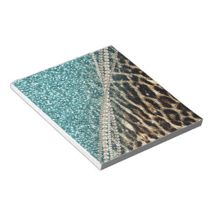 Chic Girly Leopard Print Blue Glitter Notepad