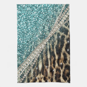 Chic Girly Leopard Print Blue Glitter Tea Towel