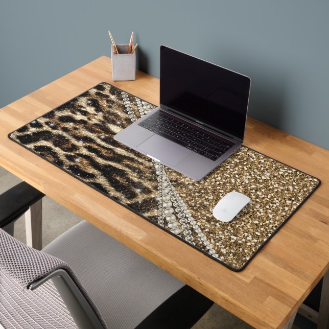 Chic Girly Leopard Print Gold Glitter Desk Mat (Office 2)