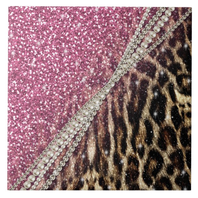 Chic Girly Leopard Print Pink Glitter Ceramic Tile (Front)