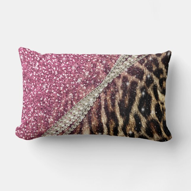 Chic Girly Leopard Print Pink Glitter Lumbar Cushion (Front)