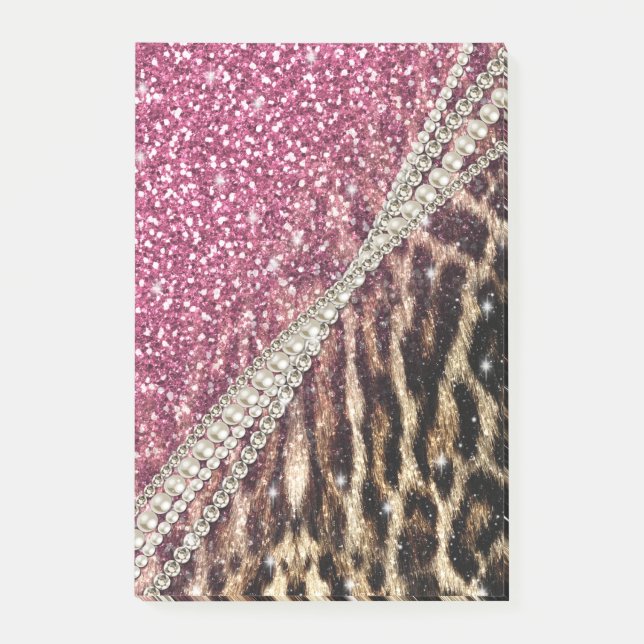Chic Girly Leopard Print Pink Glitter Post-it Notes (Front)