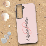 Chic Girly Misty Rose  Monogram Letter Samsung Galaxy Case<br><div class="desc">This phone case design features a misty rose background colour with black script name and pink initial letter monogram. Personalise the text fields, remove any text or use the Edit Design tool to select a typeface style, size, and colour you like. You can also select a case for a different...</div>
