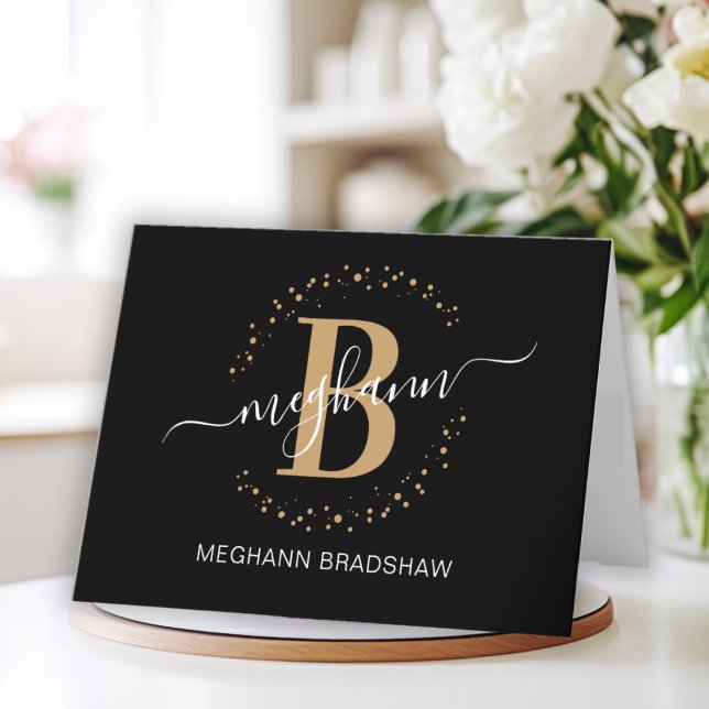Chic Girly Modern Black Gold Name Script Monogram Thank You Card (Creator Uploaded)