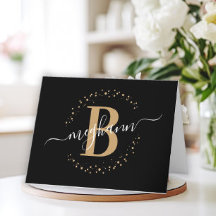 Chic Girly Modern Black Gold Name Script Monogram Thank You Card