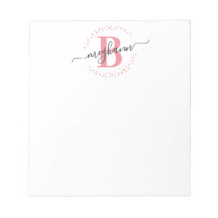 Chic Girly Modern White Pink Name Script Monogram Notepad