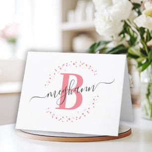 Chic Girly Modern White Pink Name Script Monogram Thank You Card