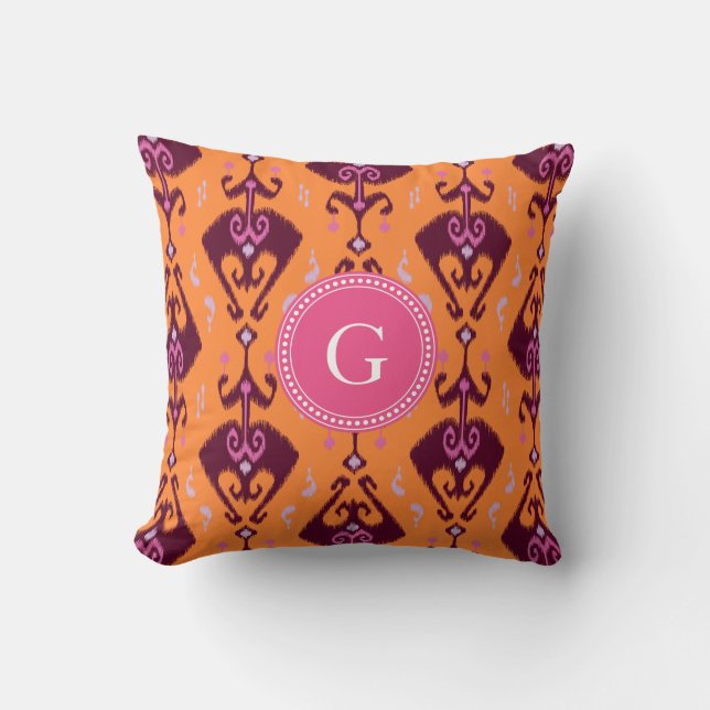 Chic girly orange ikat tribal pattern monogram cushion (Front)