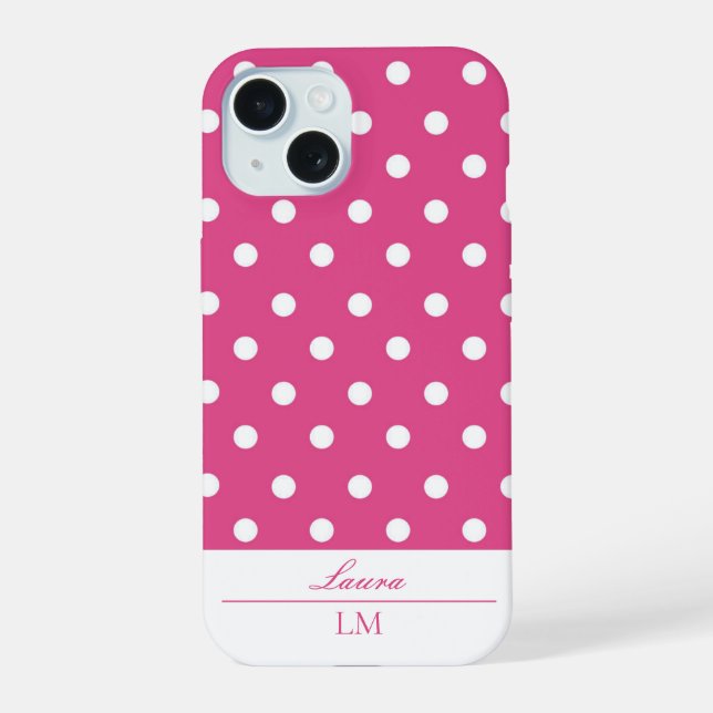Chic Girly Pink and White Polka Dots iPhone 15 Case (Back)
