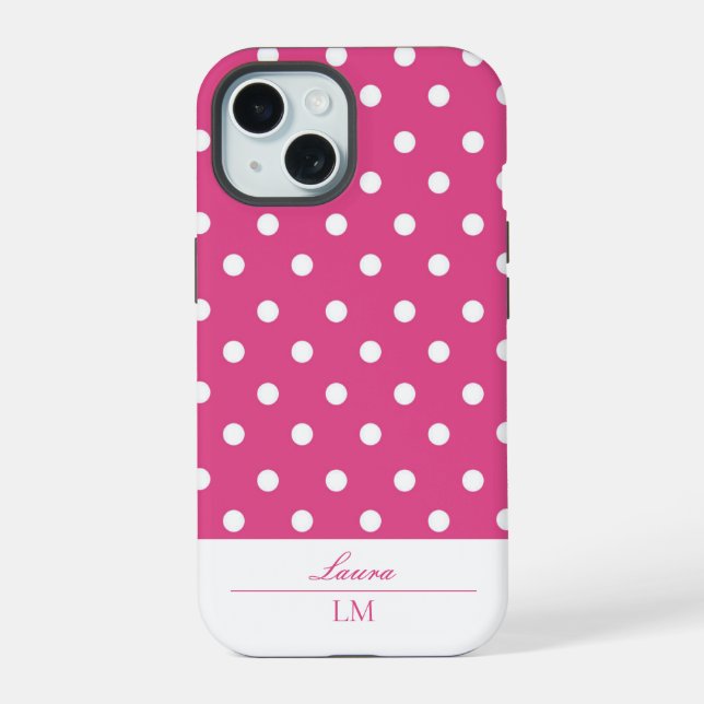 Chic Girly Pink and White Polka Dots Tough iPhone 15 Case (Back)