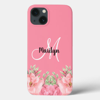 Chic Girly Pink Floral Monogram Name iPhone 13 Case