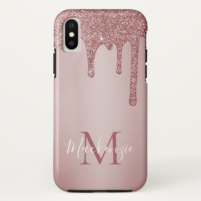 Chic Girly Pink Glitter Drips Monogram Case-Mate iPhone Case (Back)