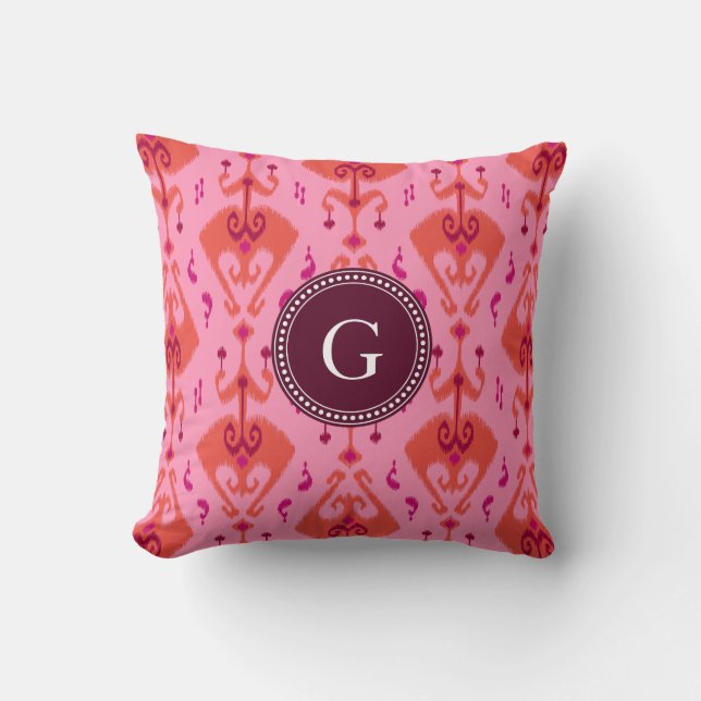 Chic girly pink ikat tribal pattern monogram cushion (Front)