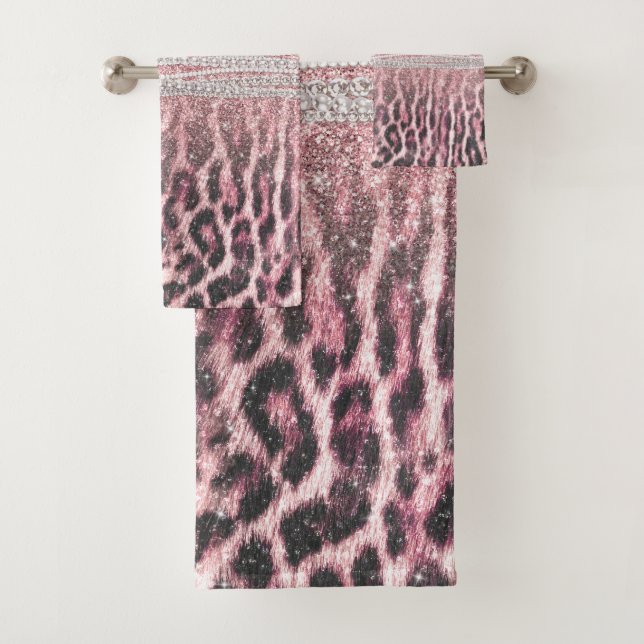 Chic Girly Pink Leopard animal print Glitter Image Bath Towel Set (Insitu)