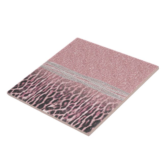 Chic Girly Pink Leopard animal print Glitter Image Ceramic Tile (Side)