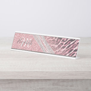 Chic Girly Pink Leopard animal print Glitter Image Desk Name Plate