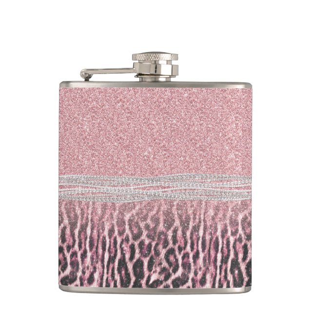 Chic Girly Pink Leopard animal print Glitter Image Hip Flask (Front)