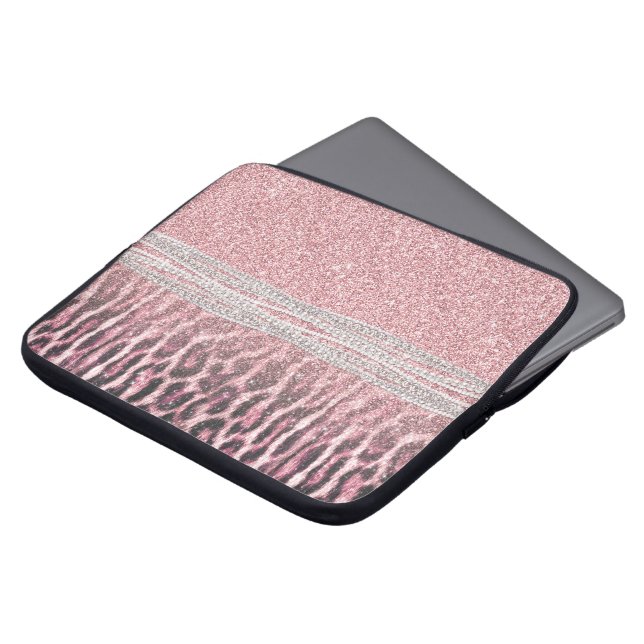 Chic Girly Pink Leopard animal print Glitter Image Laptop Sleeve (Front Top)