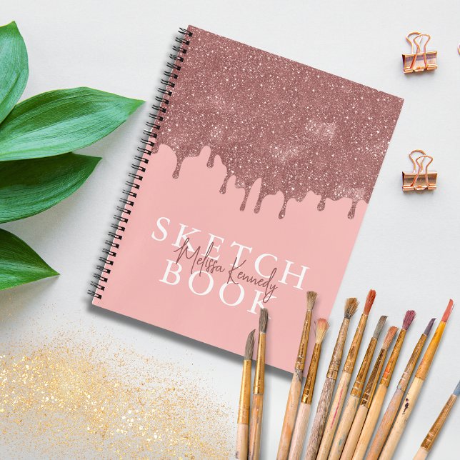 Chic Girly Pink Rose Gold Glitter Drips Sketchbook Notebook (Creator Uploaded)