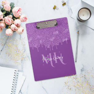 Chic Girly Purple Glitter Drips Monogram & Name  Clipboard